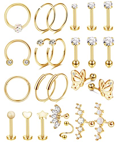 KALVICA Hypoallergene Ohrringe Set für Damen Ohrstecker Chirurgenstahl Ohrringe Helix Tragus Nasenring Piercing Ohr Nase Nasenpiercing Schmuck 24 Stück 16G Silber Gold Rose Glod(G) von KALVICA