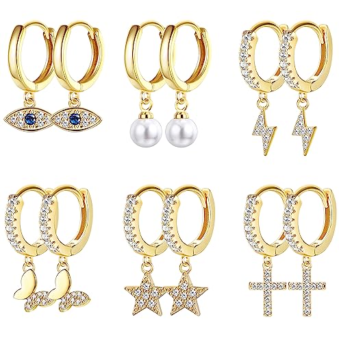 KALVICA 6 Paar Gold Creolen Ohrringe für Damen Mädchen 14 Karat Vergoldete Ohrringe Hängend Gold Creolen mit Zirkonia Gold Ohrringe Perlen Evil Eye Sterne Hängende Ohrringe Creolen Set von KALVICA