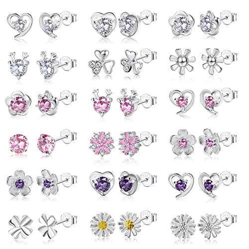 KALVICA Kleine Ohrstecker Set für Damen Mädchen Hypoallergen Sliver Ohrringe Kinder Niedlich Blume Schmetterling Herz Zirkonia Ohrringe Knorpel Piercing Ohrringe Set Rosa Silber von KALVICA