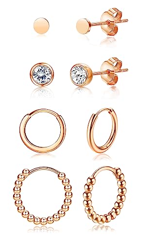 KALVICA Ohrringe Silber 925 für Damen Mädchen Creolen Ohrstecker Set 4 Paare Ohrringe Set Ohrringe Silber Creolen Rosegold Ohrstecker Gold 3/5mm Ohrstecker, 10/12mm Creolen Ohrringe von KALVICA