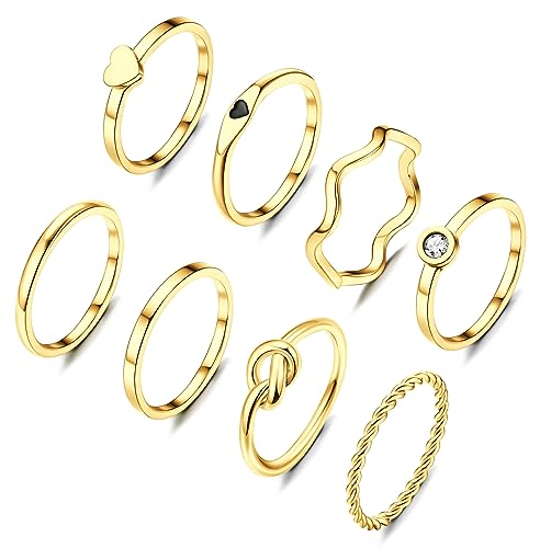 KALVICA 8 Stück 2mm Ring Set Silber/Gold für Damen Edelstahl Plain Dünn Herz Knoten Twist Ringe Set Minimalistisch Stapelbarer Daumen Knöchel Finger Ring von KALVICA