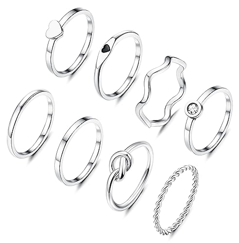 KALVICA 8 Stück 2mm Ring Set Silber/Gold für Damen Edelstahl Plain Dünn Herz Knoten Twist Ringe Set Minimalistisch Stapelbarer Daumen Knöchel Finger Ring von KALVICA