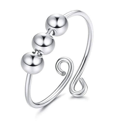 KALVICA 925 Sterling Silber Angst Spinning Ringe mit Perlen Verstellbar Anxiety Ringe Anti Stress Ringe Fidget Ringe Dekompressionsring Silber Ringe für Damen Männer von KALVICA