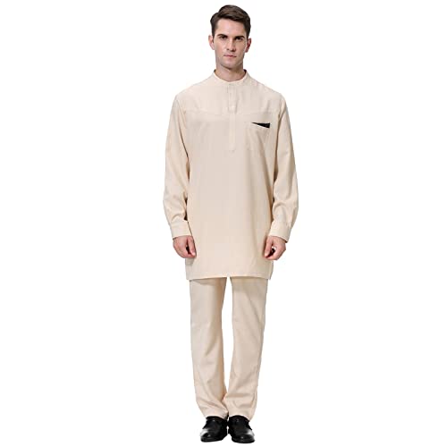 Herren Middle East Thobe mit Hosen, Casual Dubai Arab Kaftan Kleidung Herren Afghan Pakistani Indisch Shalwar Kameez Anzug Kostüm Elegant Hosen Shirt von KAMEIMEI