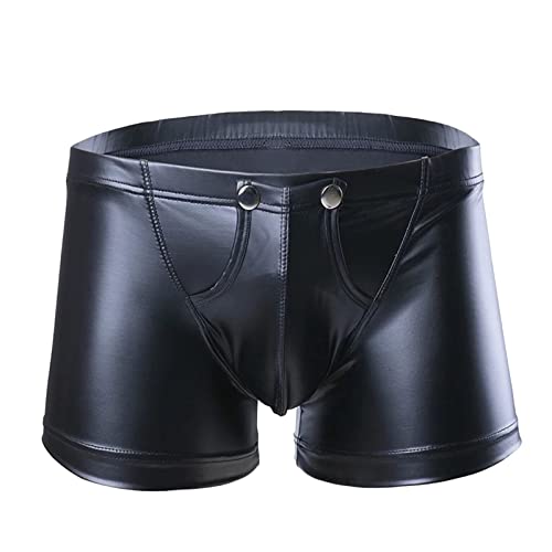 KAMEIMEI Herren Boxershorts Leder Optik Vinyl Wetlook sexy Unterwäsche, Reizwäsche für Männer, Clubwear Shorts Pants Front Pouch mit Druckknöpfe Schwarz Latex ähnlich Dessous Unterwäsche von KAMEIMEI