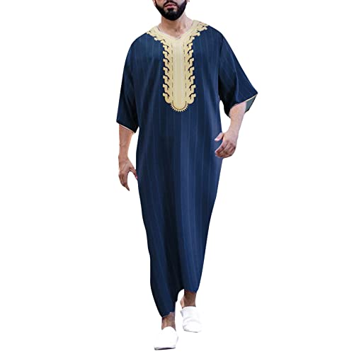 KAMEIMEI Kaftan Herren Abaya Muslimische Robe Muslimische Kleider Arabisch Gebet Eid Kleidung Kurzarm Robe Baumwolle marokkanische Robe Islamische Maxikleid Ramadan Roben von KAMEIMEI