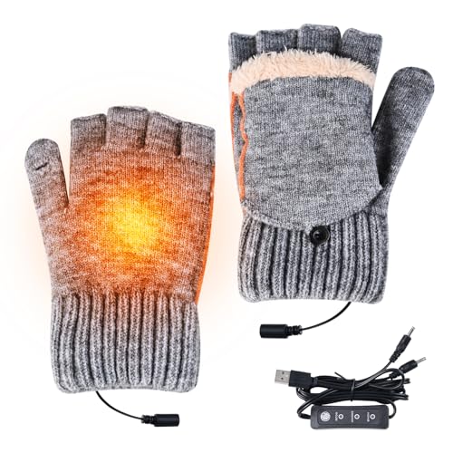 KAMEUN Beheizbare Handschuhe für Damen und Herren, Thermo Handschuhe mit Heizung, Heated Gloves mit USB Handwärmer, Halbfinger Strickhandschuhe für Drinnen und Draußen von KAMEUN