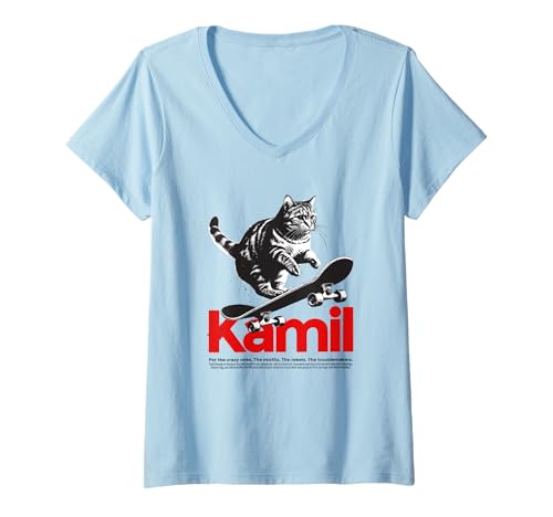 Damen KAMIL - Schöner Jungen Name mit Katze & Skateboard T-Shirt mit V-Ausschnitt Damen KAMIL - Schöner Jungen Name mit Katze & Skateboard T-Shirt mit V-Ausschnitt von KAMIL Sohn Enkel Geburtstag Geschenkideen