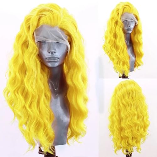 Fluoreszentierende gelbe synthetische Spitze vornePerücken lange lockige helle gelbe Haar 13x4 hitzebeständige Faser Meerjungfrau Perücken 150% Dichte Ersatz Haar für Frauen 24 Zoll Fluoreszentierende gelbe synthetische Spitze vornePerücken lange lockige helle gelbe Haar 13x4 hitzebeständige Faser Meerjungfrau Perücken 150% Dichte Ersatz Haar für Frauen 24 Zoll von KAMIMASU