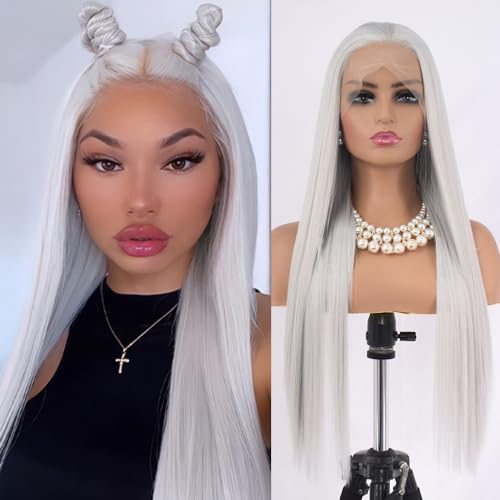 KAMIMASU Silber Weiß Spitze Front Perücken Gerade Licht Platin Grau perücken Natürliche Hitze Beständig Synthetische Haar Halbe Hand gebundene perücken für frauen Cosplay Täglichen Tragen 24 " KAMIMASU Silber Weiß Spitze Front Perücken Gerade Licht Platin Grau perücken Natürliche Hitze Beständig Synthetische Haar Halbe Hand gebundene perücken für frauen Cosplay Täglichen Tragen 24 " von KAMIMASU