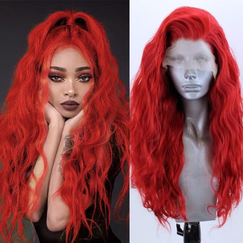 Lace Front Wig Long Bright Red Curly Synthetic Lace Front Wig Red Wig Heat Resistant Fiber 13x4 Lace Front Wig for Woman Halloween Drawing Queen 24inch Lace Front Wig Long Bright Red Curly Synthetic Lace Front Wig Red Wig Heat Resistant Fiber 13x4 Lace Front Wig for Woman Halloween Drawing Queen 24inch von KAMIMASU
