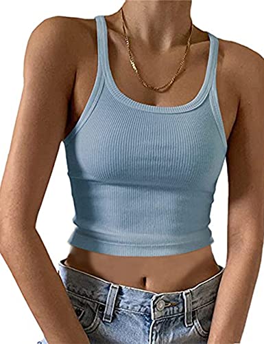 KAMISSY Damen Ärmellos Crop Tank Top Slim Fit U-Ausschnitt Rippstrick Basic Crop Cami Shirts Tops, blau, Klein von KAMISSY