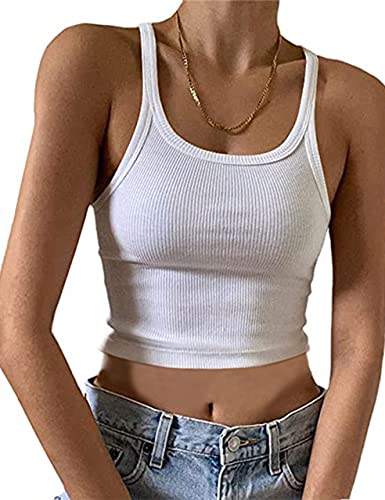 KAMISSY Damen Ärmelloses bauchfreies Tank Top Slim Fit U-Ausschnitt Rippstrick Basic Crop Cami Shirts Tops, Weiss/opulenter Garten, X-Klein von KAMISSY