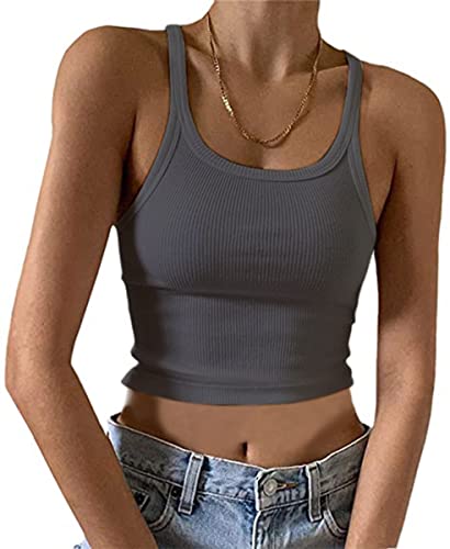 KAMISSY Damen Ärmelloses bauchfreies Tank Top Slim Fit U-Ausschnitt Rippstrick Basic Crop Cami Shirts Tops, grau dunkel, Mittel von KAMISSY
