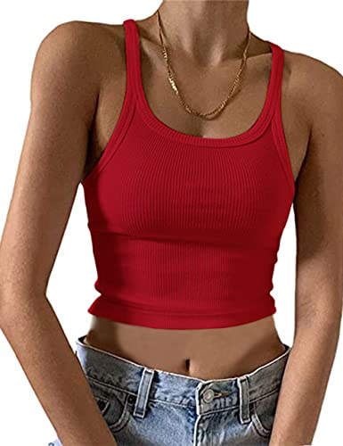 KAMISSY Damen Ärmelloses bauchfreies Tank Top Slim Fit U-Ausschnitt Rippstrick Basic Crop Cami Shirts Tops, hellrot, Mittel von KAMISSY