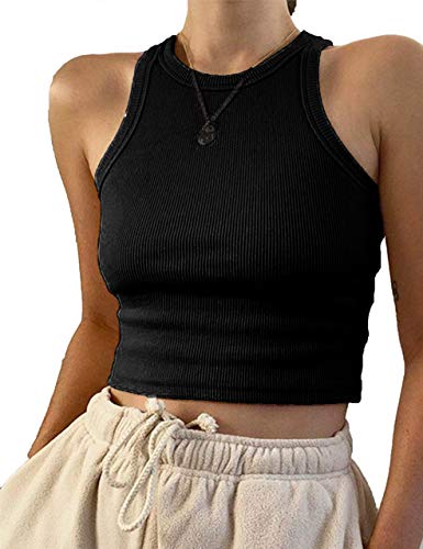 KAMISSY Damen Basic Rundhalsausschnitt Crop Tank Top Solid Rippstrick Bindung Crop Top, Schwarz, Groß von KAMISSY