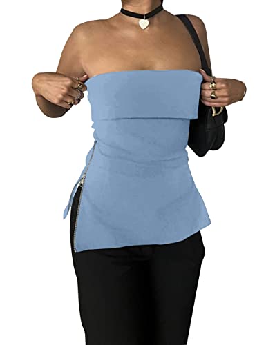 KAMISSY Damen Casual trägerlos Seitlicher Reißverschluss Tube Tops Sexy Schulterfrei Stretch Ärmelloses Ausgehen Solid Bandeau Tank Top, Himmelblau, Mittel von KAMISSY