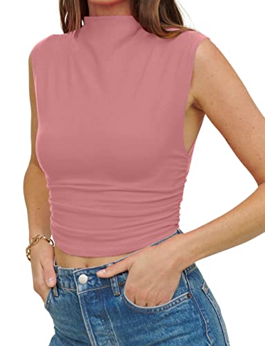 KAMISSY Damen Workout Mock Neck Ruched Crop Tank Top Casual Rollkragen Ärmellos Slim Fitted Crop Tops Athletic Yoga Running, Cameo Braun, Mittel von KAMISSY