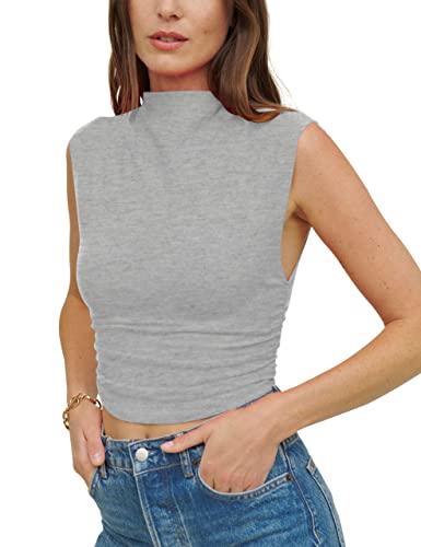 KAMISSY Damen Workout Mock Neck Ruched Crop Tank Top Casual Rollkragen Ärmellos Slim Fitted Crop Tops Athletic Yoga Running, GRAU, Mittel von KAMISSY