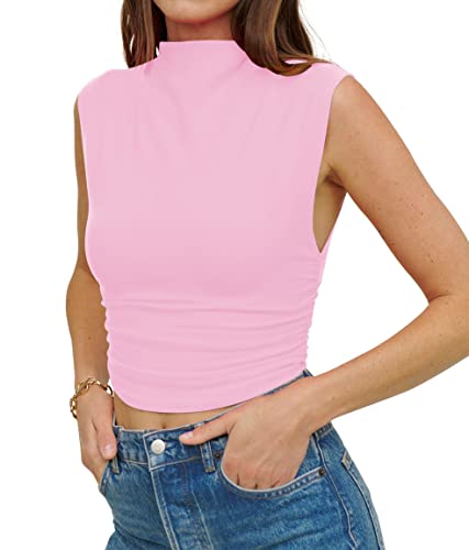 KAMISSY Damen Workout Mock Neck Ruched Crop Tank Top Casual Rollkragen Ärmellos Slim Fitted Crop Tops Athletic Yoga Running, Pink, Mittel von KAMISSY