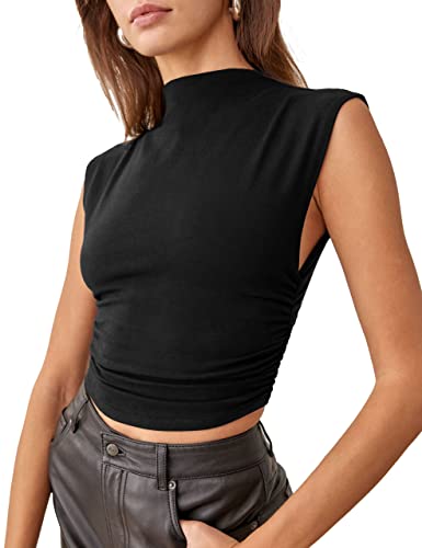 KAMISSY Damen Workout Mock Neck Ruched Crop Tank Top Casual Rollkragen Ärmellos Slim Fitted Crop Tops Athletic Yoga Running, Schwarz, Mittel von KAMISSY