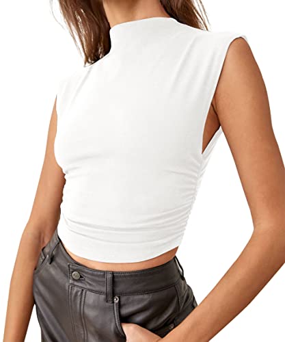 KAMISSY Damen Workout Mock Neck Ruched Crop Tank Top Casual Rollkragen Ärmellos Slim Fitted Crop Tops Athletic Yoga Running, Weiss/opulenter Garten, Groß von KAMISSY