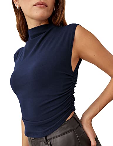 KAMISSY Frauen Workout Mock Neck Gerafft Crop Tank Top Casual Rollkragen Ärmellos Slim Fitted Crop Tops Athletic Yoga Laufen, Blau, Mittel von KAMISSY