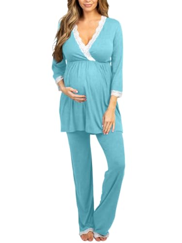 Damen Baumwolle Schwangerschaft Schwangerschaft Weich Still-Pyjama Set Nachtwäsche Lange Ärmel für Lieferung Stillen im Krankenhaus, Himmelblau, L von KAMONG