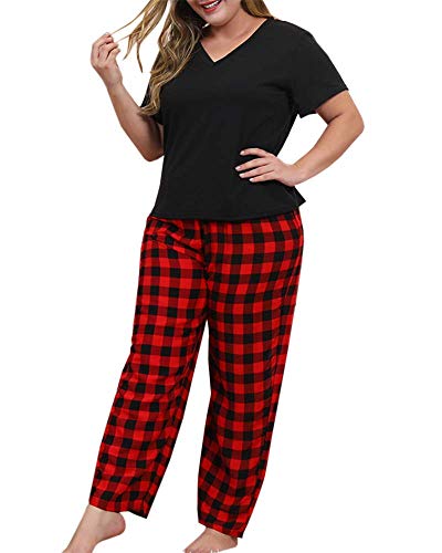 Damen-Pyjama-Set, Übergröße, kariert, Loungehose, V-Ausschnitt, kurzärmelig, Baumwolle, T-Shirt, 2-teilig, Rot, 4XL von KAMONG