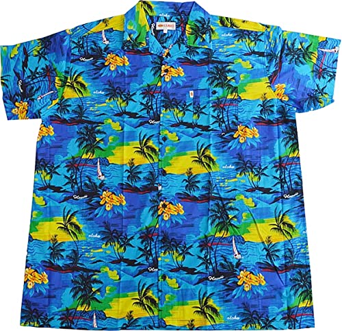 KAMRO Übergrößen Kurzarm-Herren-Hawaiihemd Blau/Gelb/Grün 14XL von KAMRO