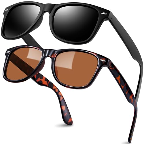 KANASTAL 2er Set Polarisiert Sonnenbrille Herren Damen Retro Rechteckig Sonnenbrille UV400 Schutz, Matt Schwarz Rahmen Schwarz Gläser und Leopard Rahmen Braun Gläser von KANASTAL