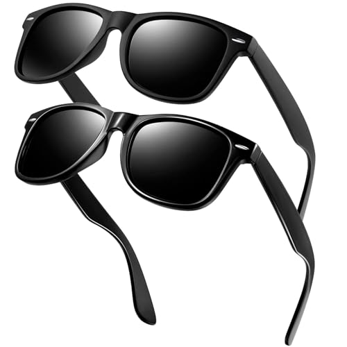 KANASTAL 2er Set Polarisiert Sonnenbrille Herren Damen Retro Rechteckig Sonnenbrille UV400 Schutz, Matt Schwarz Rahmen Gläser und Glänzend Schwarz Rahmen Gläser von KANASTAL