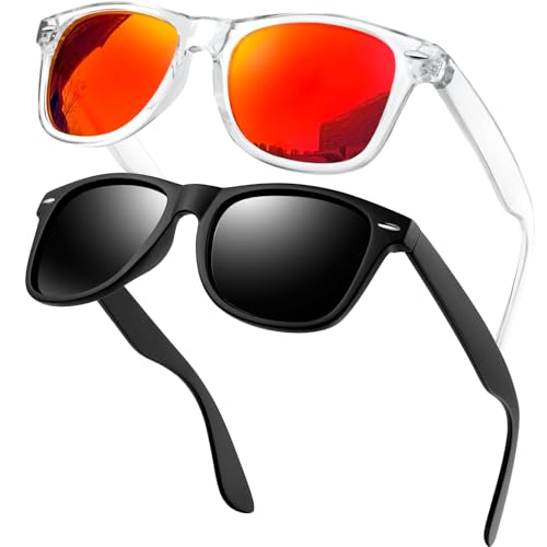 KANASTAL 2er Set Polarisiert Sonnenbrille Herren Damen Retro Rechteckig Sonnenbrille UV400 Schutz, Transparent Rahmen Rot Gläser und Matt Schwarz Rahmen Schwarz Gläser von KANASTAL