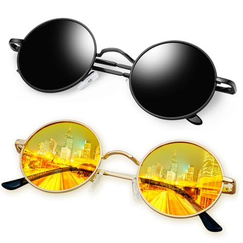 KANASTAL 2er Set Runde Sonnenbrille Herren und Damen Schwarze UV-Schutz und Gelbe Runde Nachtsichtbrille für Autofahrer 90er Style Hippie Brille von KANASTAL