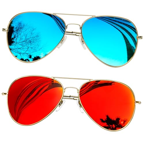 KANASTAL 2er Set Sonnenbrille Herren und Damen Verspiegelt mit Premium Metallrahmen Sonnenbrillen Rote und Sonnenbrillen Blaue UV400 Schutz von KANASTAL