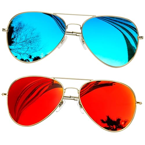 KANASTAL 2er Set Groß Polarisiert Sonnenbrille Herren Damen Verspiegelt mit Premium Metallrahmen UV400 Schutz, Gold Rahmen Orange Rot Gläser und Gold Rahmen Blau Gläser von KANASTAL