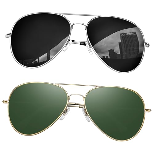 KANASTAL 2er Set Sonnenbrille Herren und Damen Verspiegelt mit Premium Metallrahmen Sonnenbrillen Schwarz mit Silber Rahmen und Sonnenbrillen G15 Braun mit Gold Rahmen von KANASTAL