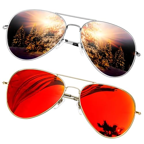 KANASTAL 2er Set Groß Polarisiert Sonnenbrille Herren Damen Verspiegelt mit Premium Metallrahmen UV400 Schutz, Silber Rahmen Schwarz Gläser und Gold Rahmen Orange Rot Gläser von KANASTAL