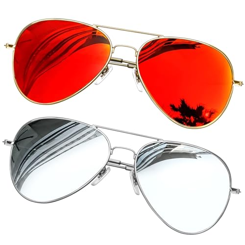 KANASTAL 2er Set Groß Polarisiert Sonnenbrille Herren Damen Verspiegelt mit Premium Metallrahmen UV400 Schutz, Silber Rahmen Silber Gläser und Gold Rahmen Orange Rot Gläser von KANASTAL