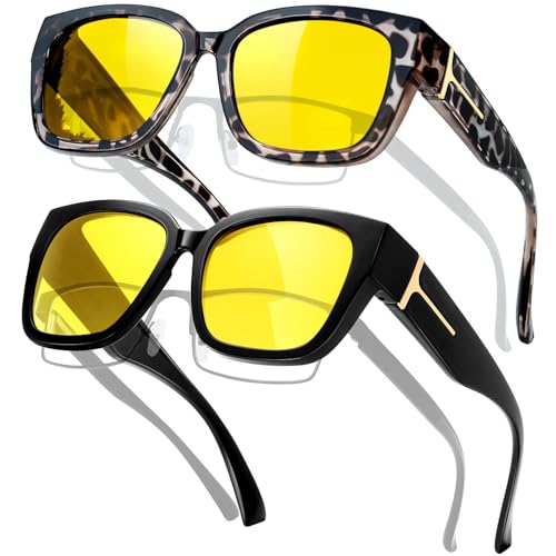 KANASTAL 2er Set ÜberGroß Nachtfahrbrille für Brillenträger Polarisiert Anti Blende Nachtfahrbrille Damen und Herren UV400 Schutz Nachtbrille, Schwarz Rahmen und Grau Leopard Rahmen von KANASTAL