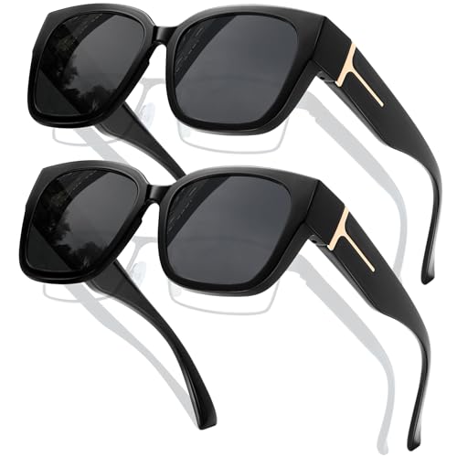 KANASTAL 2er Set Übergröße Überzieh Sonnenbrille Damen Herren TR90 Polarisiert Sonnenbrille Über Normale Brille Überbrille für Brillenträger, 2er Set Schwarz Rahmen Schwarz Gläser von KANASTAL