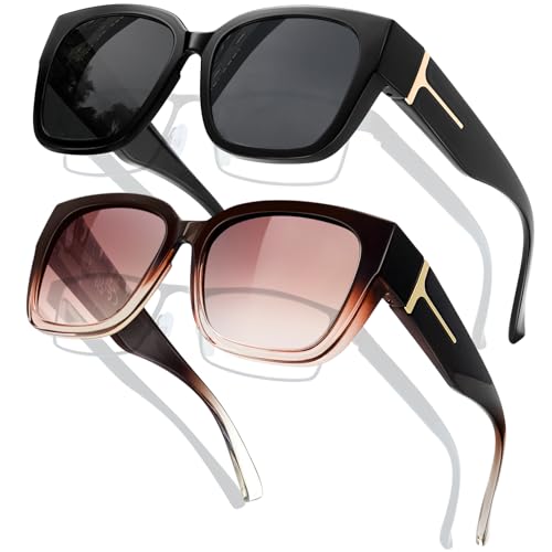 KANASTAL 2er Set Übergröße Überzieh Sonnenbrille Damen Herren TR90 Polarisiert Sonnenbrille Über Normale Brille Überbrille für Brillenträger, Schwarz Gläser und Braun Rahmen von KANASTAL