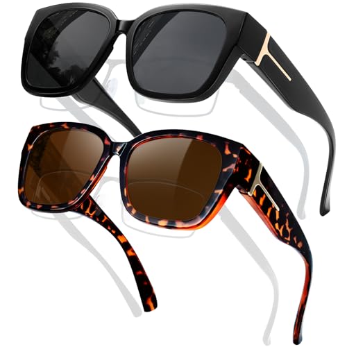 KANASTAL 2er Set Übergröße Überzieh Sonnenbrille Damen Herren TR90 Polarisiert Sonnenbrille Über Normale Brille Überbrille für Brillenträger, Schwarz Gläser und Leopard Rahmen von KANASTAL