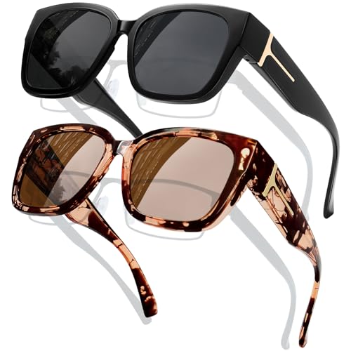 KANASTAL 2er Set Übergröße Überzieh Sonnenbrille Damen Herren TR90 Polarisiert Sonnenbrille Über Normale Brille Überbrille für Brillenträger, Schwarz Gläser und Rot Leopard Rahmen von KANASTAL