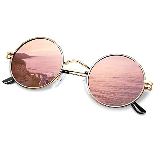 KANASTAL Sonnenbrille Herren Rund Rosa Gläser Runde Rave Brille Polarisiert Steampunk Vintage Sonnenbrille 90er Style UV Schutz für Fahren und Alltag von KANASTAL