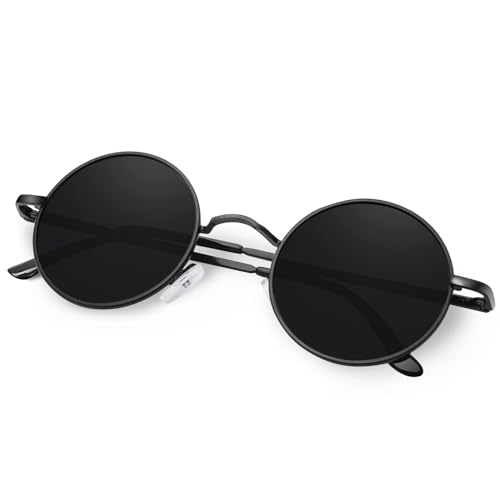 KANASTAL Runde Sonnenbrille Herren und Damen Schwarze Rund Rave Brille Retro Classic Sonnenbrille 90er Style Polarisiert Steampunk Sonnenbrillen UV Schutz mit Metallrahmen von KANASTAL