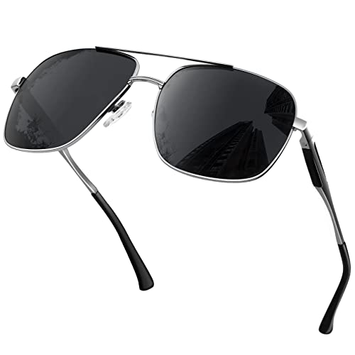 KANASTAL Sonnenbrille Polarisiert Schwarz Gläser mit Silber Premium Metallrahmen Quadratisch Sonnenbrillen UV400 Schutz Retro Fahrerbrille für Outdoor-Sportarten von KANASTAL