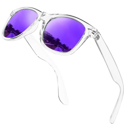 KANASTAL Polarisiert Sonnenbrille Herren und Damen Retro Klassische Rectangular Sonnenbrille UV400 Schutz für Fahren Wandern Golf Angeln, Transparent Rahmen Verspiegelt Lila Gläser von KANASTAL
