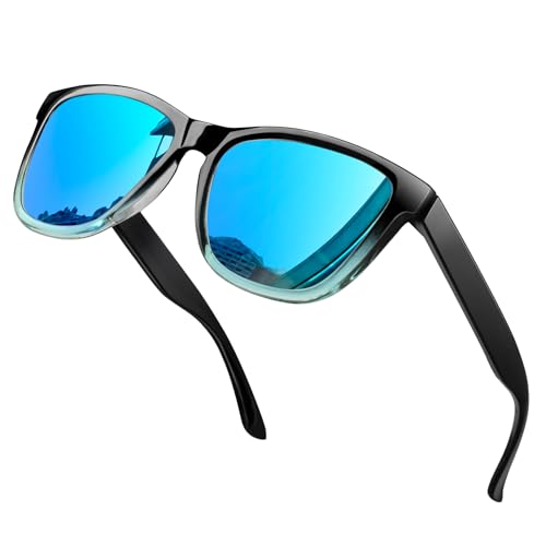 KANASTAL Polarisierte Sonnenbrille Herren Damen Klassische Retro Rechteck Sonnenbrille UV400 Schutz für Reise Wandern und Alltag, Schwarz Rahmen Verspiegelt Blaue Gläser von KANASTAL
