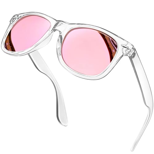 KANASTAL Polarisiert Sonnenbrille Herren und Damen Retro Klassische Rectangular Sonnenbrille UV400 Schutz für Fahren Wandern Golf Angeln, Transparent Rahmen Verspiegelt Rosa Gläser von KANASTAL